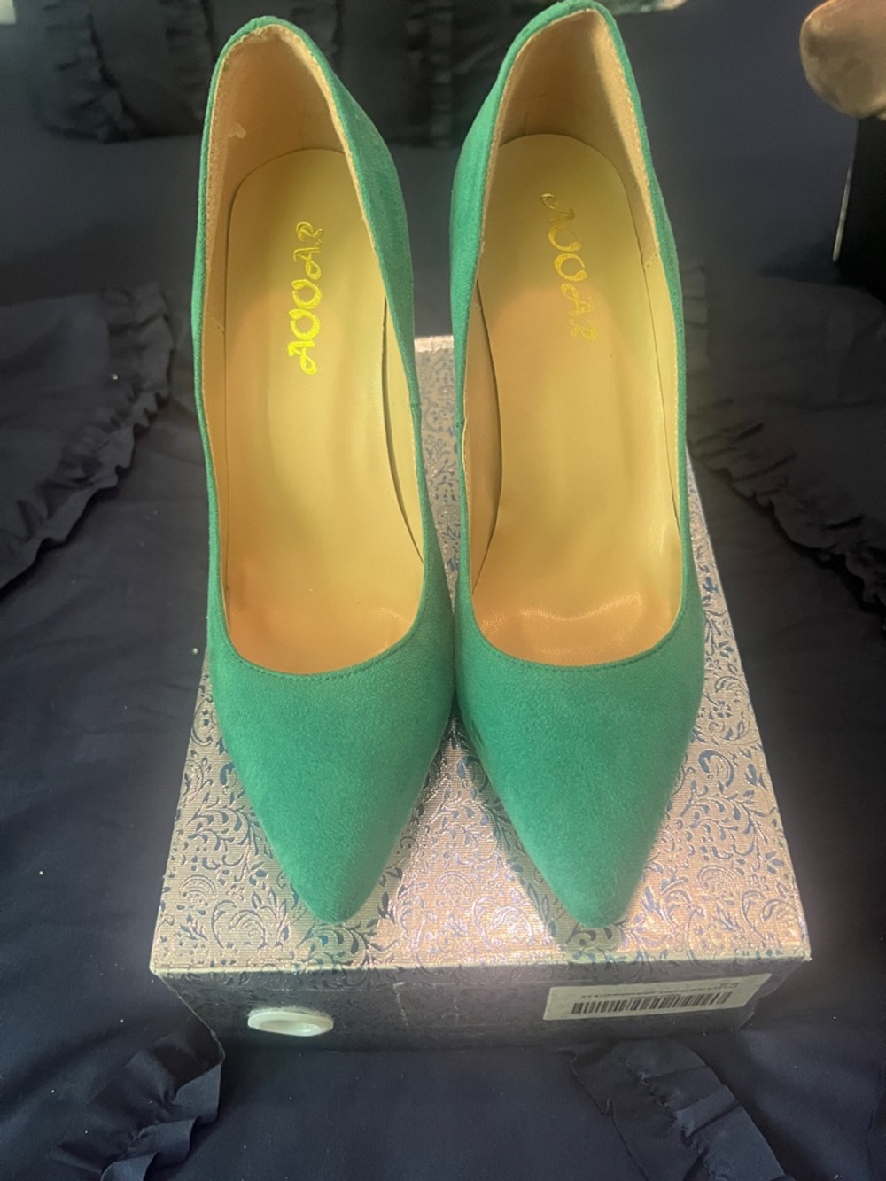 Green Suede Pointed-Toe Pumps by